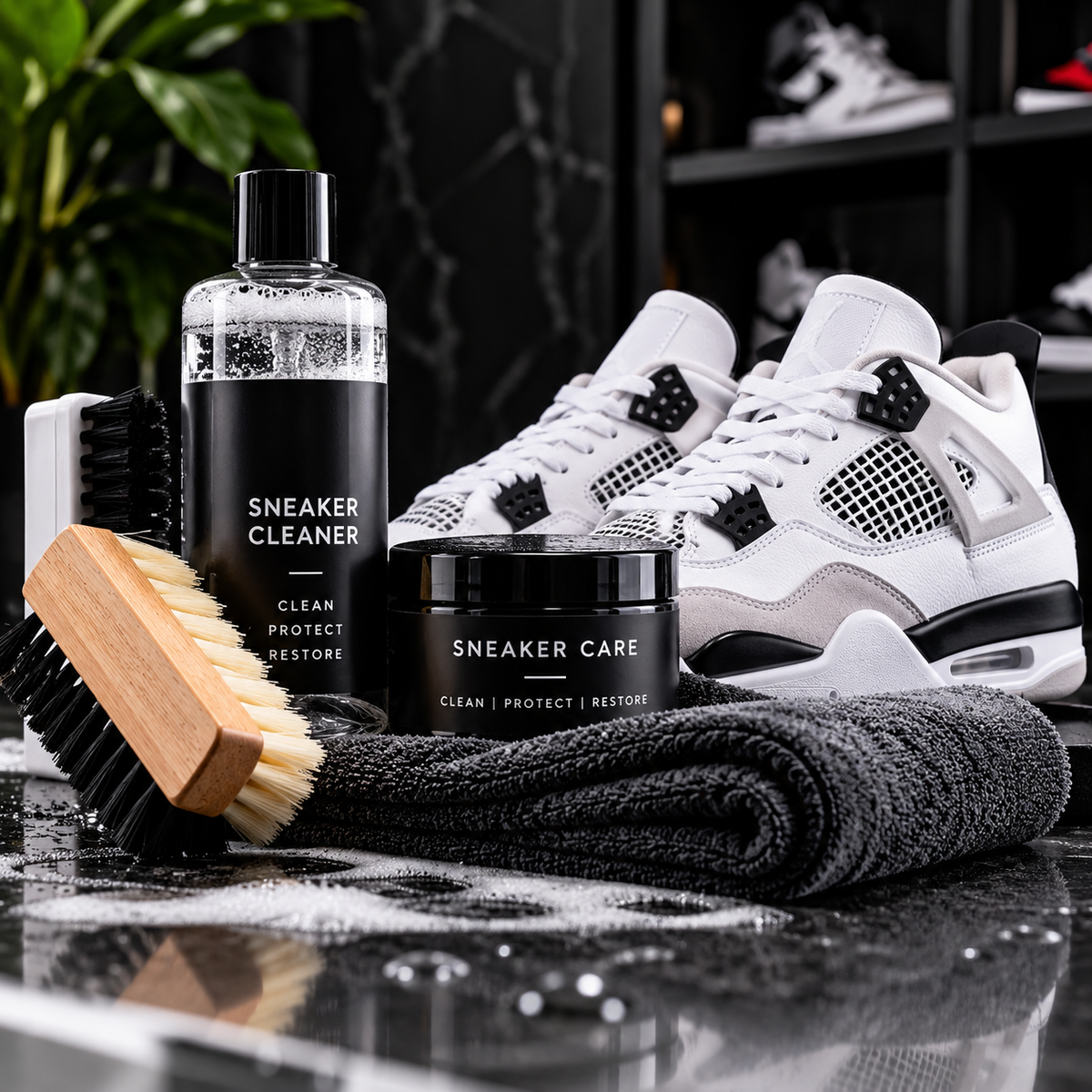Sneaker care cleaning supplies and sneakers